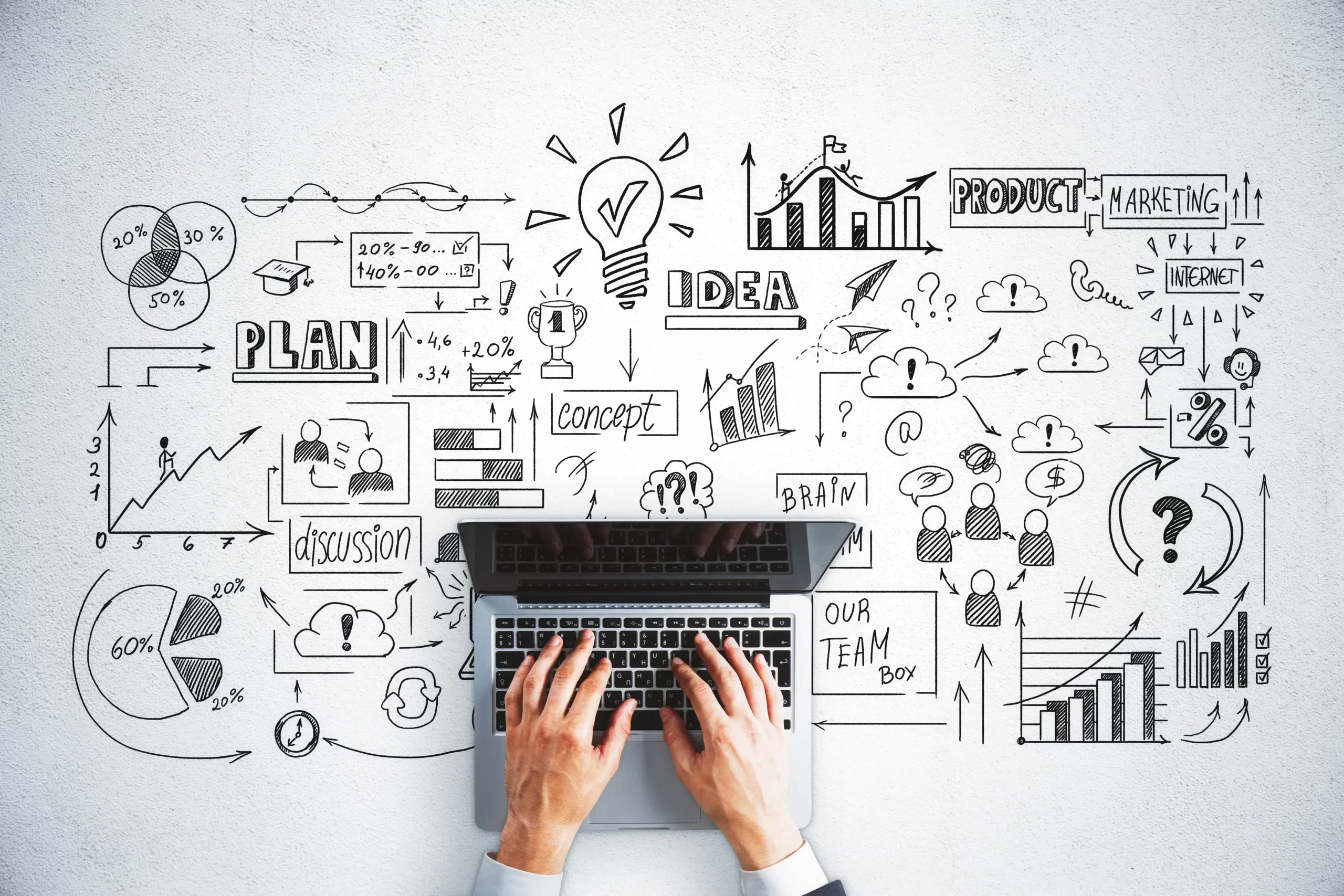 top-view-hand-using-laptop-drawing-global-business-interface